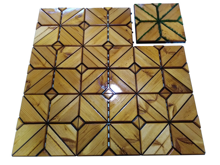 کفپوش تایل ترموود با لاک محافظ با 5 سال ضمانت دربرابر پوسیدگی ترموود وشاسی پلاستیکی مناسب فضای داخلی وخارجی ساختمان مانند استخر، سونا، باغ، بالکن