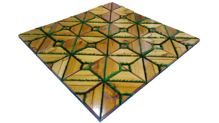 کفپوش تایل ترموود چمنی با لاک محافظ با 5 سال ضمانت دربرابر پوسیدگی ترموود وشاسی پلاستیکی مناسب فضای داخلی وخارجی ساختمان مانند استخر، سونا، باغ، بالکن