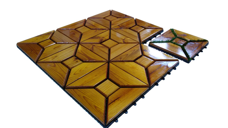 کفپوش تایل ترموود چمنی با لاک محافظ با 5 سال ضمانت دربرابر پوسیدگی ترموود وشاسی پلاستیکی مناسب فضای داخلی وخارجی ساختمان مانند استخر، سونا، باغ، بالکن