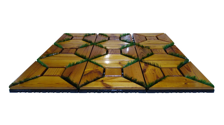 کفپوش تایل ترموود چمنی با لاک محافظ با 5 سال ضمانت دربرابر پوسیدگی ترموود وشاسی پلاستیکی مناسب فضای داخلی وخارجی ساختمان مانند استخر، سونا، باغ، بالکن