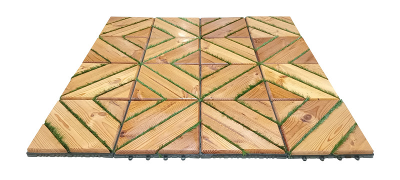 کفپوش تایل ترموود چمنی با لاک محافظ با 5 سال ضمانت دربرابر پوسیدگی ترموود وشاسی پلاستیکی مناسب فضای داخلی وخارجی ساختمان مانند استخر، سونا، باغ، بالکن