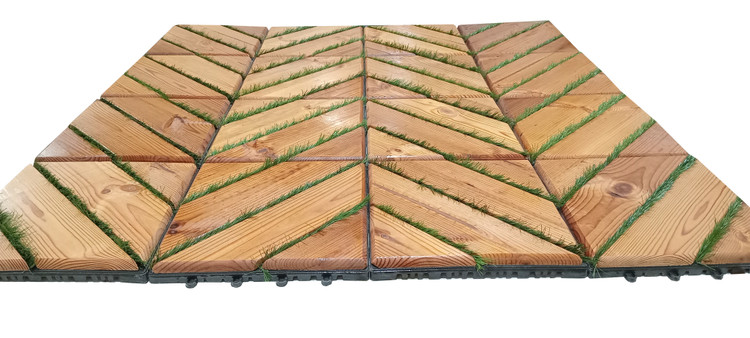 کفپوش تایل ترموود چمنی با لاک محافظ با 5 سال ضمانت در برابر پوسیدگی چوب ترموود و شاسی پلاستیکی مناسب فضای داخلی و خارجی ساختمان از قبیل استخر، سونا، روفگاردن، باغ