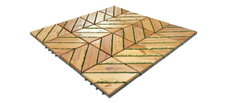 کفپوش تایل ترموود چمنی با لاک محافظ با 5 سال ضمانت در برابر پوسیدگی چوب ترموود و شاسی پلاستیکی مناسب فضای داخلی و خارجی ساختمان از قبیل استخر، سونا، روفگاردن، باغ