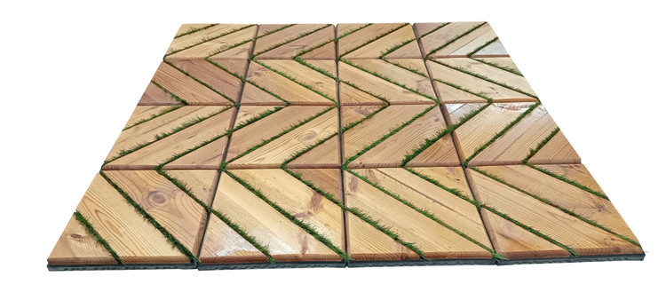 کفپوش تایل ترموود چمنی با لاک محافظ با 5 سال ضمانت در برابر پوسیدگی چوب ترموود و شاسی پلاستیکی مناسب فضای داخلی و خارجی ساختمان از قبیل استخر، سونا، روفگاردن، باغ