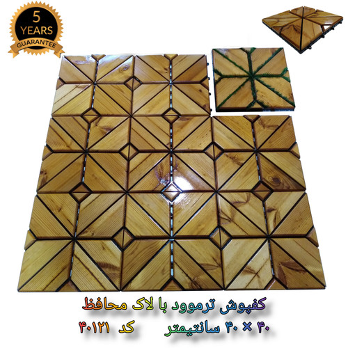 کفپوش تایل ترموود با لاک محافظ با 5 سال ضمانت دربرابر پوسیدگی ترموود وشاسی پلاستیکی مناسب فضای داخلی وخارجی ساختمان مانند استخر، سونا، باغ، بالکن