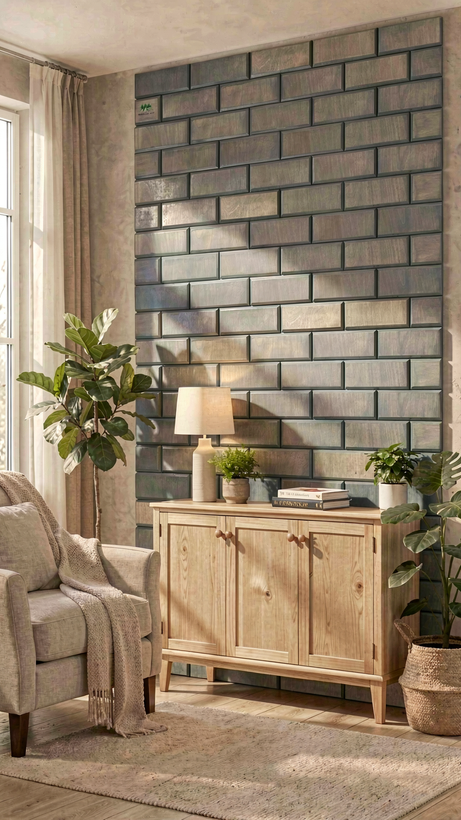 دیوارپوش چوبی پشت چسبدار طرح آجر با رنگ طوسی ملایم - کد DP 1211