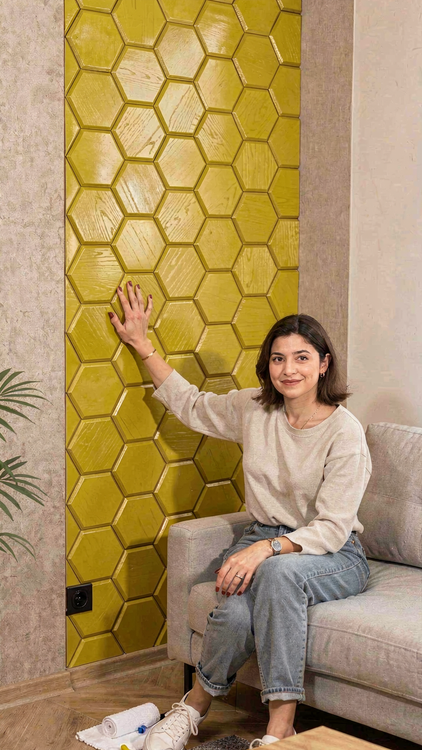 دیوارپوش چوبی پشت چسبدار طرح شش ضلعی با رنگ زرد طلایی - کد DP 1312 - گروه تولیدی خانه چوبی