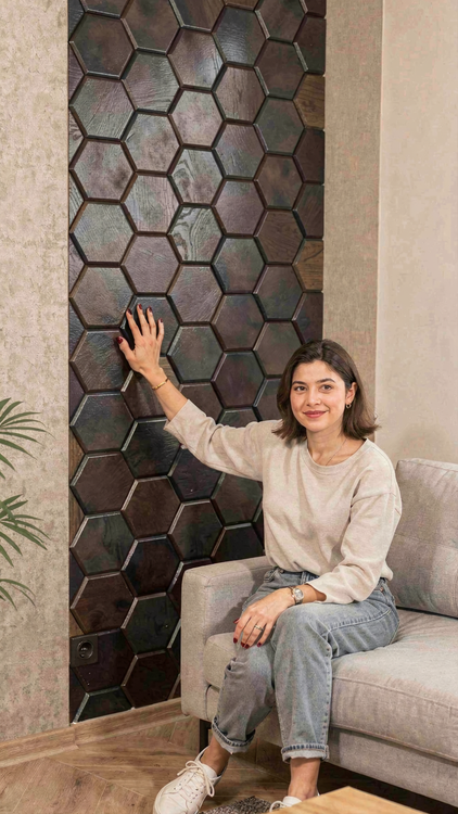 دیوارپوش چوبی پشت چسبدار طرح شش ضلعی با رنگ گردویی- کد DP 1313 - گروه تولیدی خانه چوبی